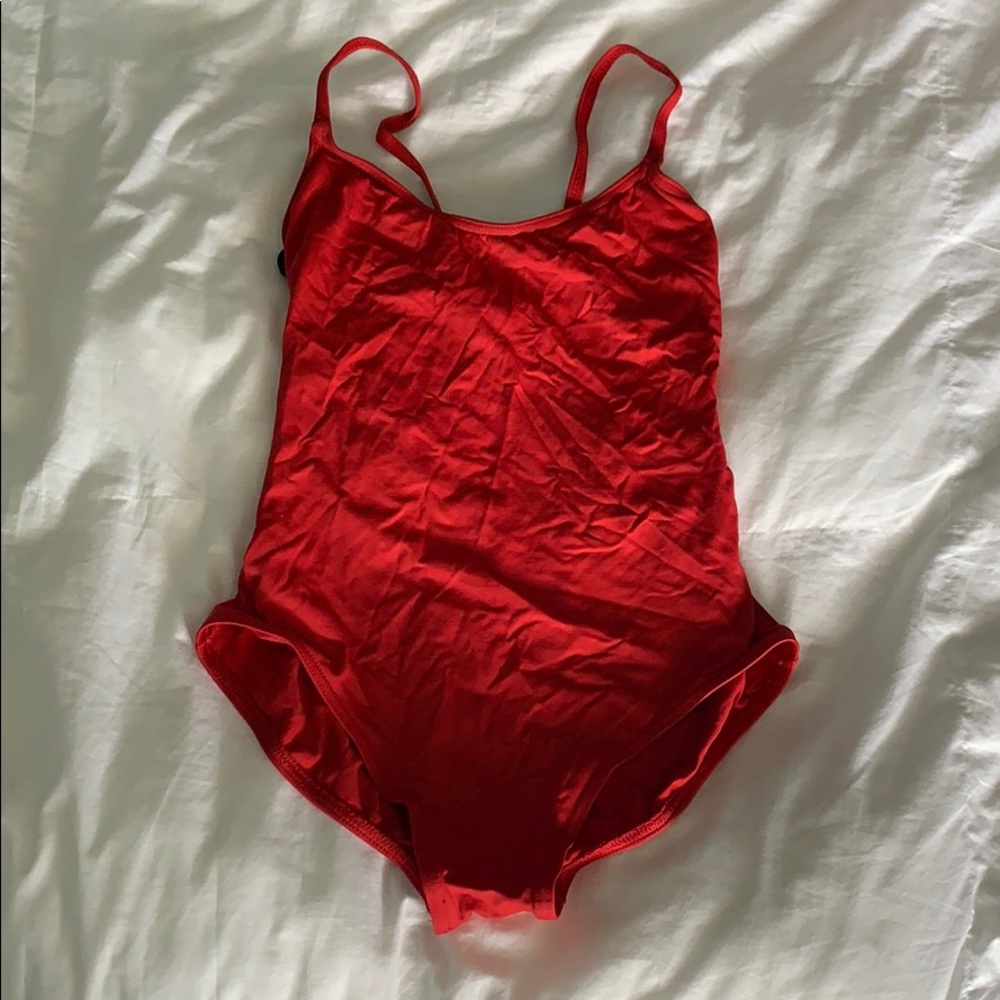 Red spaghetti-strap leotard